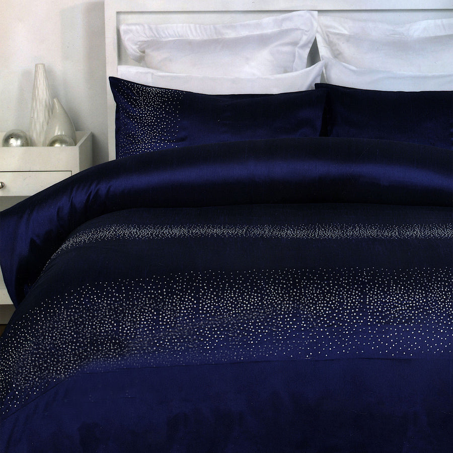 Diamante Quilt Cover Set Navy - Single, Faux Silk, Machine Washable, 1 Quilt Cover & 2 Pillowcases - SuperSaverAU - view 1