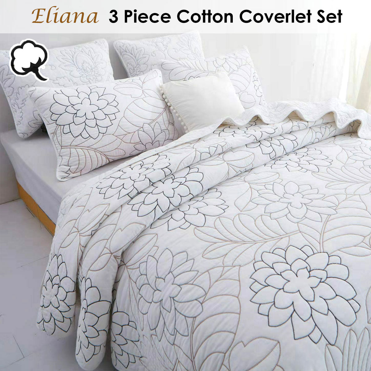 Premium Eliana Cotton Coverlet Set – Queen, Floral Quilting 3 Piece