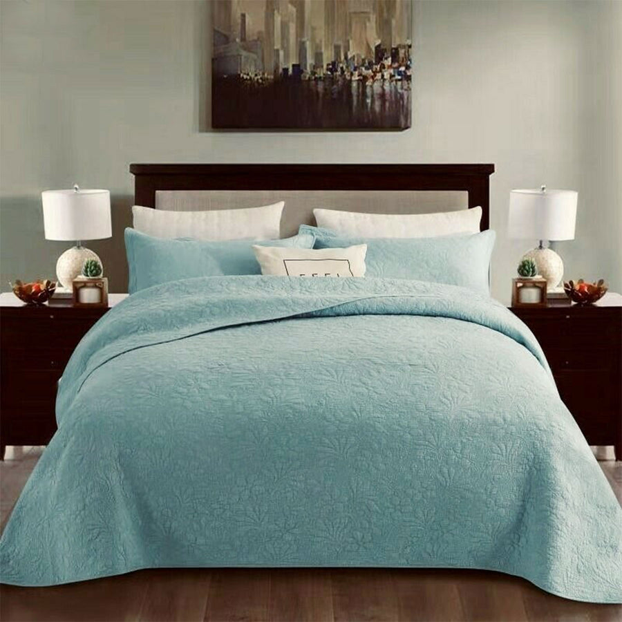 100% Cotton Lightly Quilted Floral Coverlet Set Turquoise King - Year-Round Use - SuperSaverAU - view 1