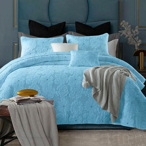 Premium Floriade Cotton Rich Lightly Quilted Coverlet Set - Aqua, Queen