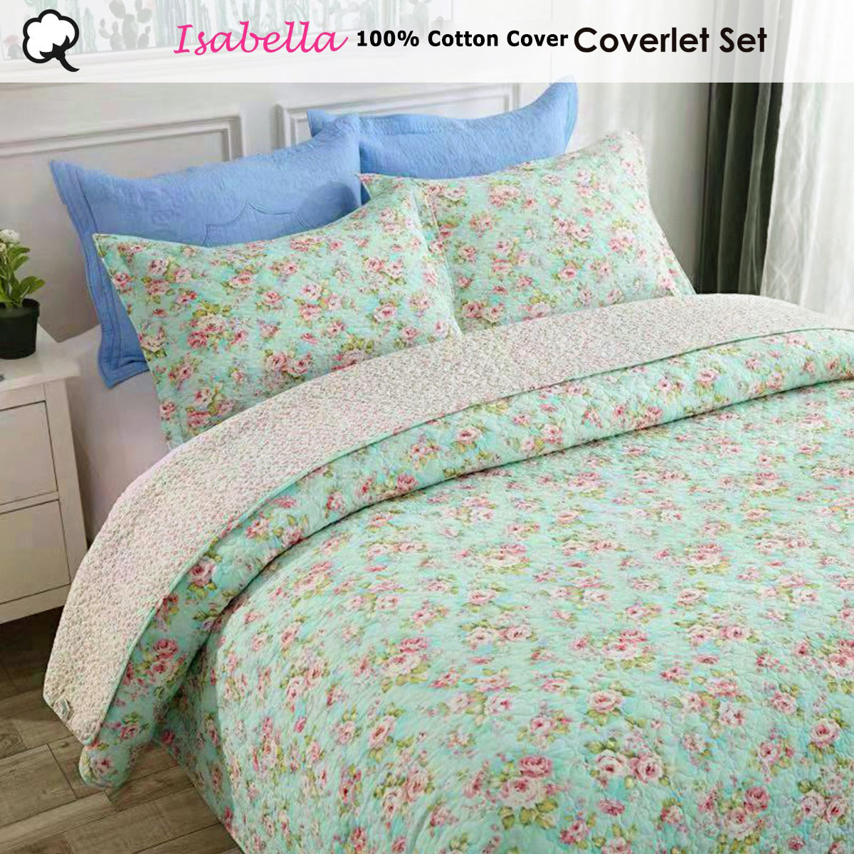 Premium Isabella Cotton Cover Lightly Quilted Coverlet Set - Multi, Queen