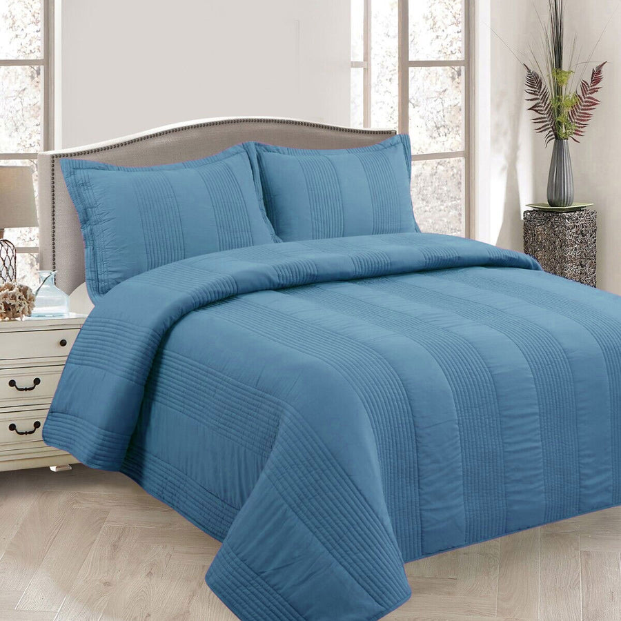 Lewis Blue 3 Pce Lightly Quilted Polyester Cotton Coverlet Set Queen - 220 x 240 cm - SuperSaverAU - view 1