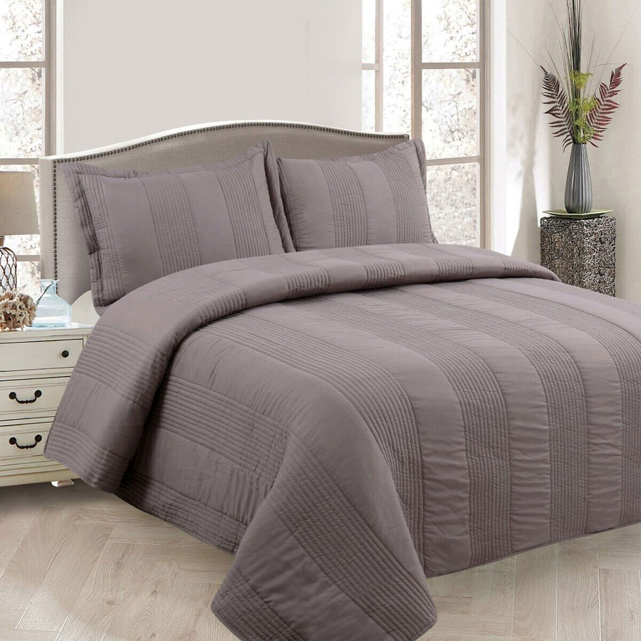 Lewis Mocha 3 Pce Lightly Quilted Coverlet Set Queen - Polyester Cotton, Machine Washable - SuperSaverAU - view 1