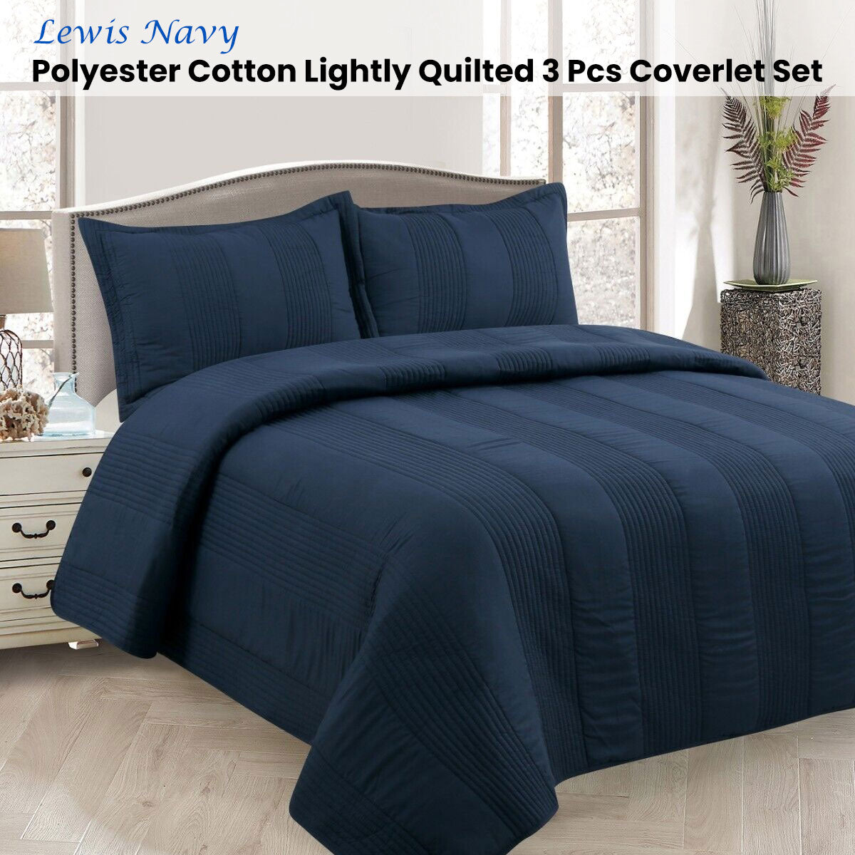 Premium Lewis Lightly Quilted Coverlet Set – Navy Queen