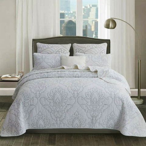Premium Majestic Cotton Coverlet Set – White King, Damask Quilting