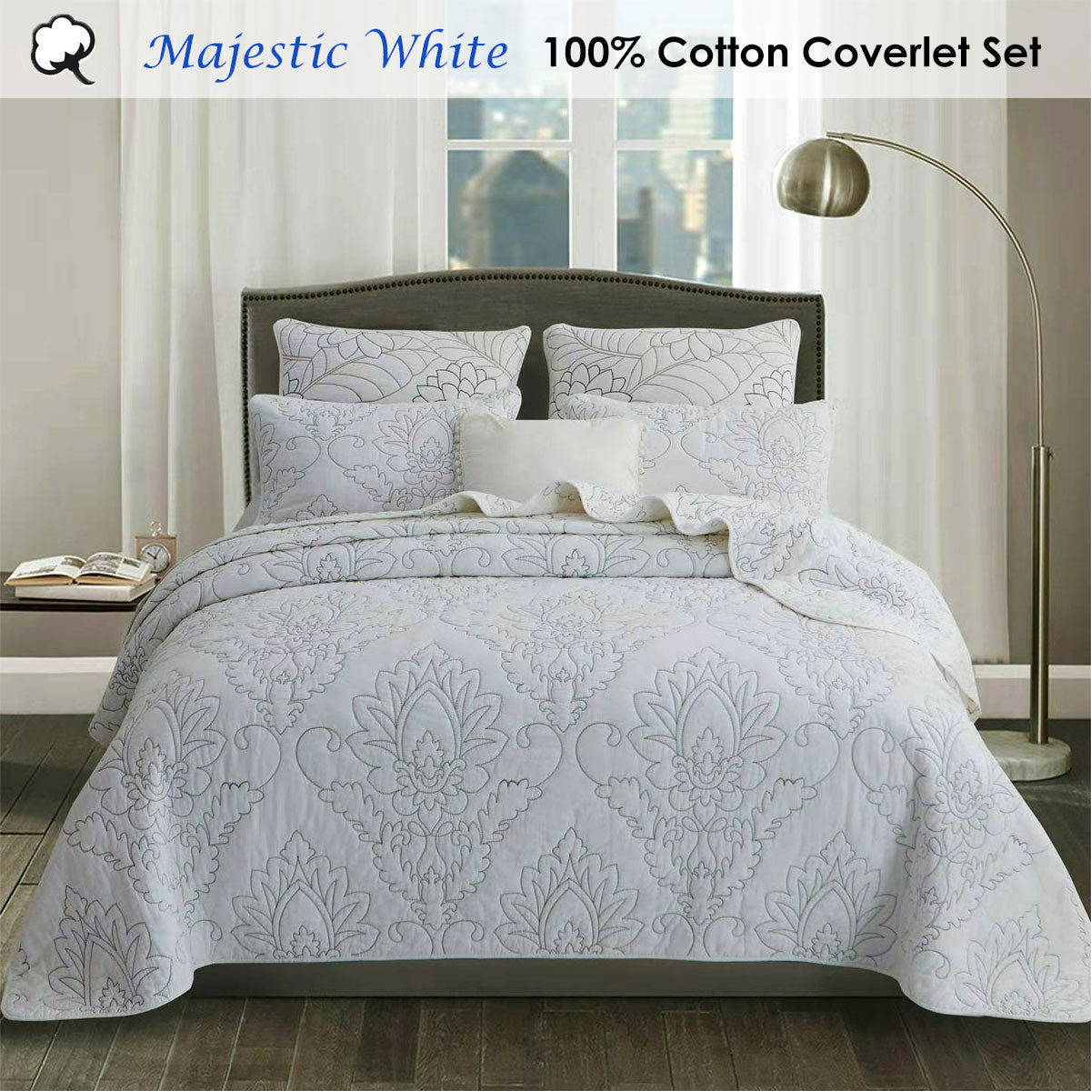 Premium Majestic Cotton Coverlet Set – White King, Damask Quilting