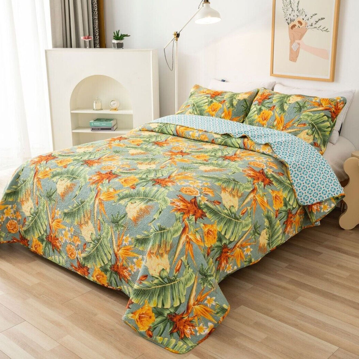 100% Cotton Lightly Quilted Coverlet Set Birds of Paradise Queen 230 x 250 cm - SuperSaverAU - view 1