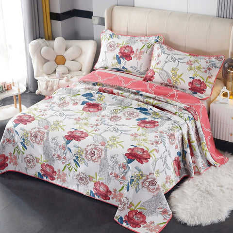 Premium Peacock Garden Cotton Lightly Quilted Coverlet Set - Pink, Queen