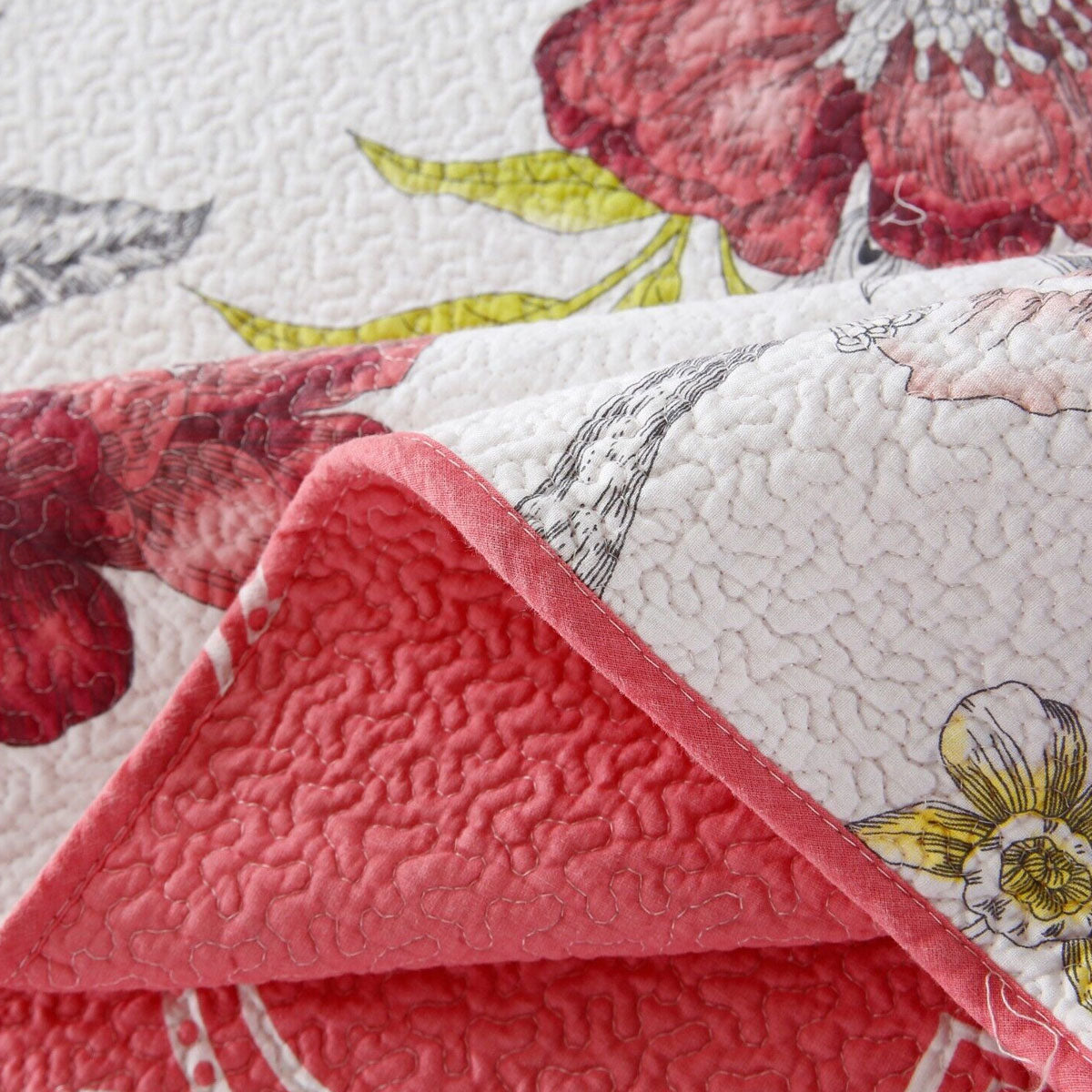 Premium Peacock Garden Cotton Lightly Quilted Coverlet Set - Pink, Queen
