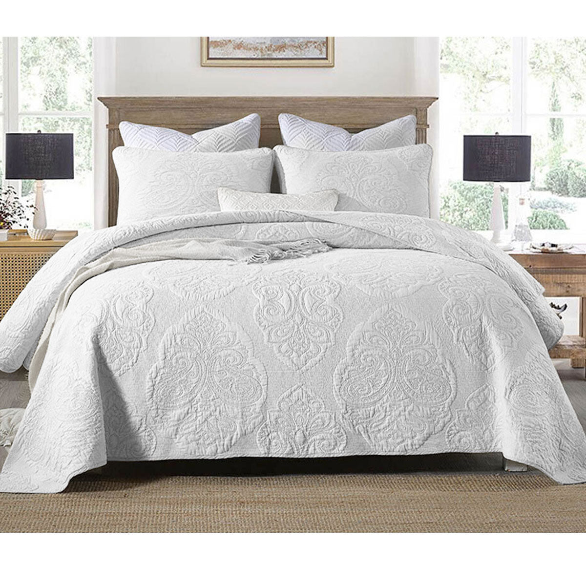 Cotton Rich Lightly Quilted Coverlet Set Royale White King - Damask Design, Machine Washable - SuperSaverAU - view 1
