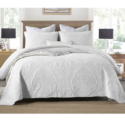 Cotton Rich Lightly Quilted Coverlet Set Royale White King - Damask Design, Machine Washable - SuperSaverAU - view 1