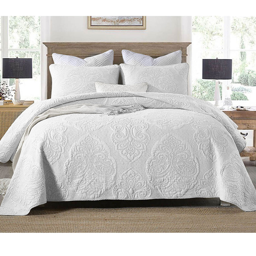 Cotton Rich Lightly Quilted Coverlet Set Royale White King - Damask Design, Machine Washable - SuperSaverAU - view 1