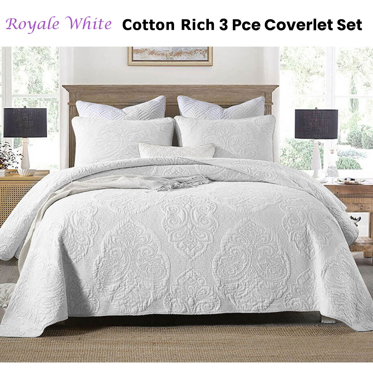Cotton Rich Lightly Quilted Coverlet Set Royale White King - Damask Design, Machine Washable - SuperSaverAU - view 2
