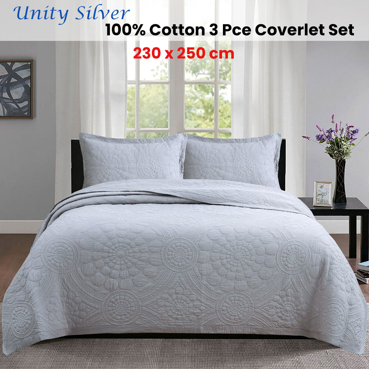 Premium Unity Cotton Lightly Quilted Coverlet Set - Silver, Queen