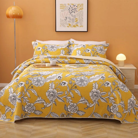 Premium Vibrante Cotton Coverlet Set – Yellow Queen, Floral Quilting