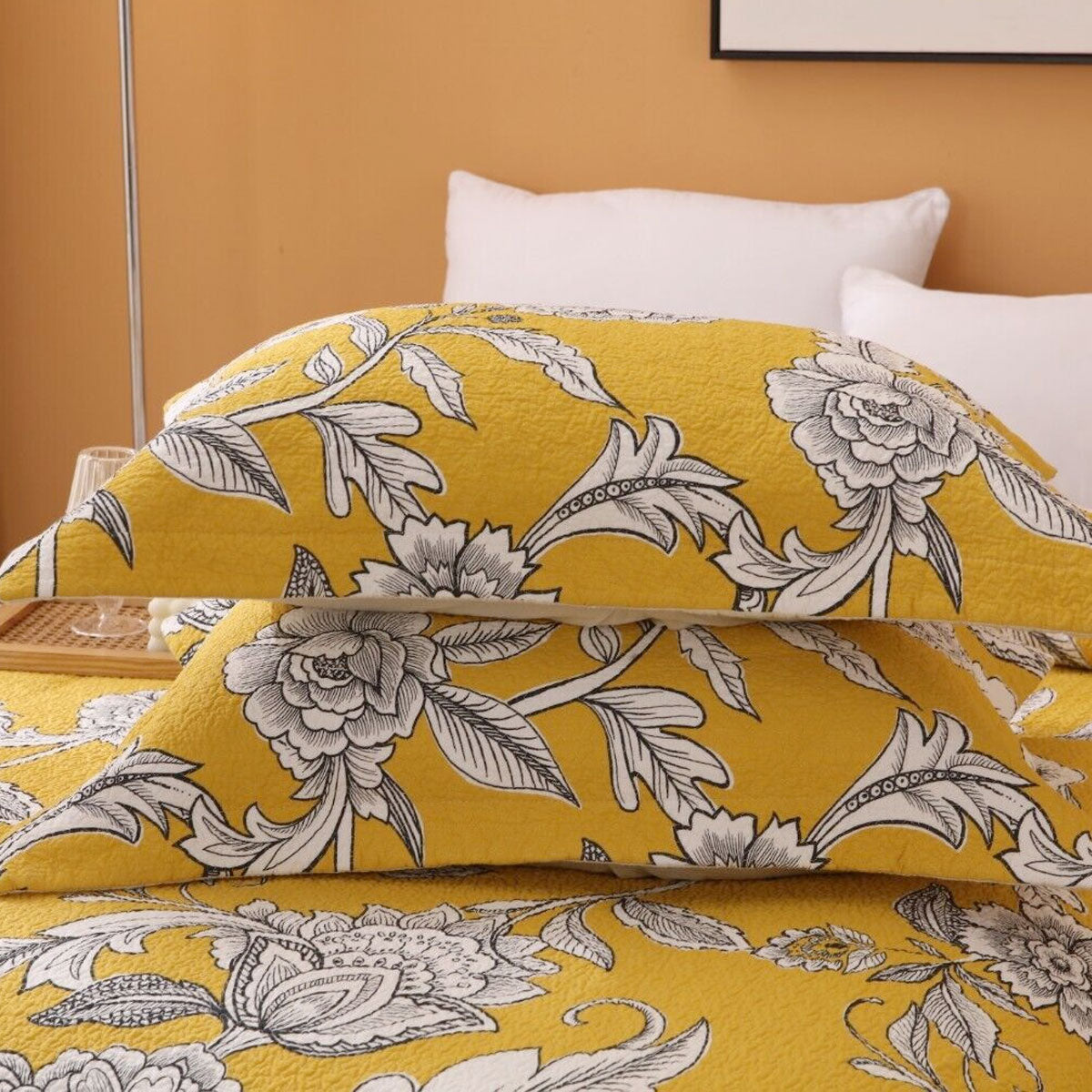 Premium Vibrante Cotton Coverlet Set – Yellow Queen, Floral Quilting