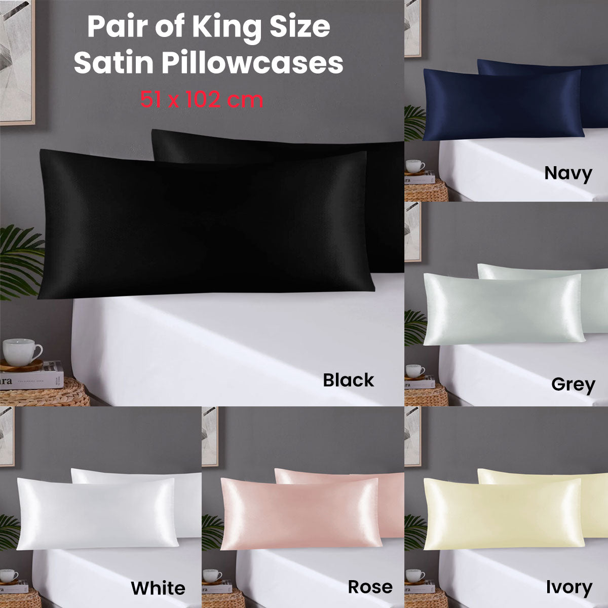 Premium Satin Pillowcases with Envelope Closure - Navy, King, 2 Pack