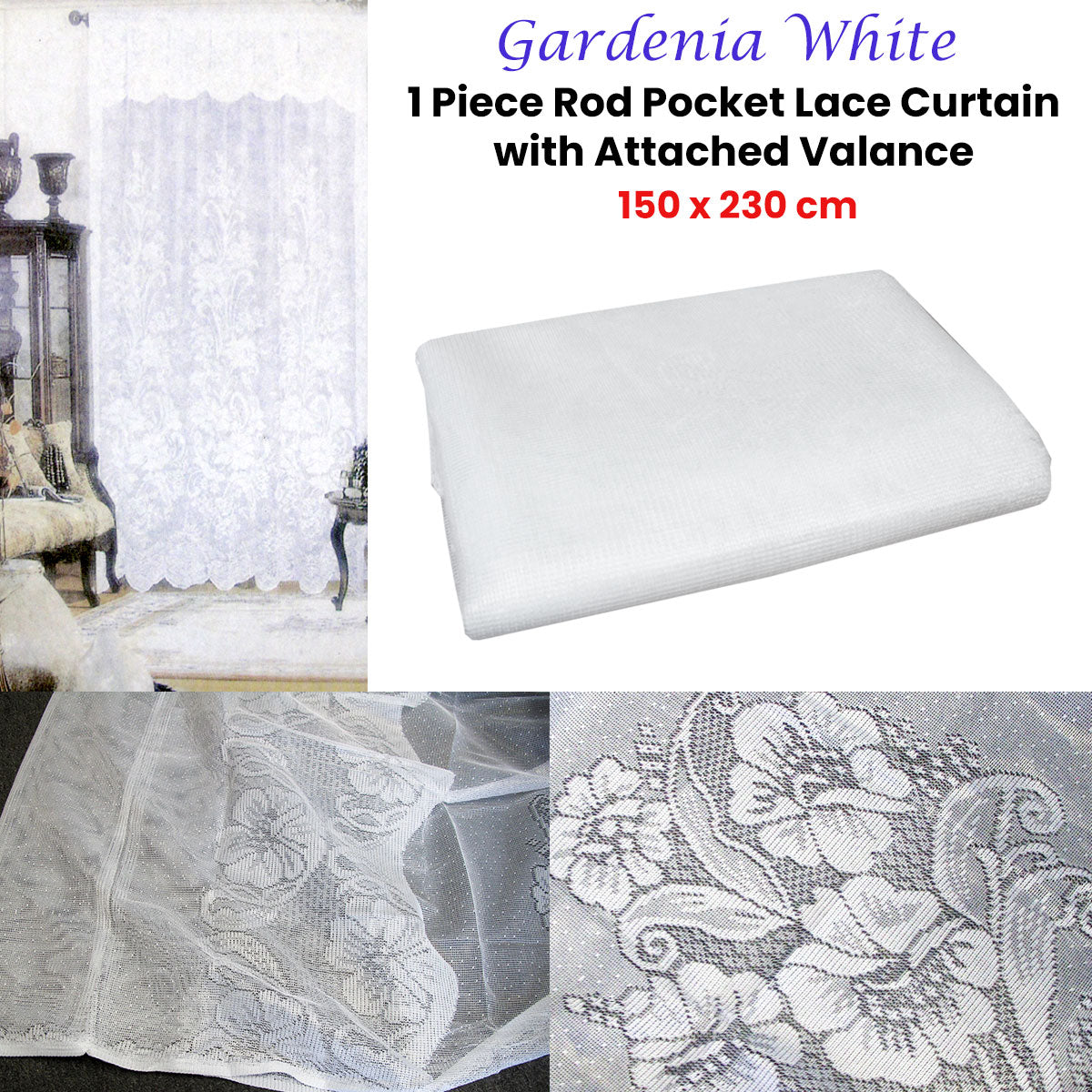 Premium Gardenia Lace Curtain with Attached Valance - White, 150 x 230cm