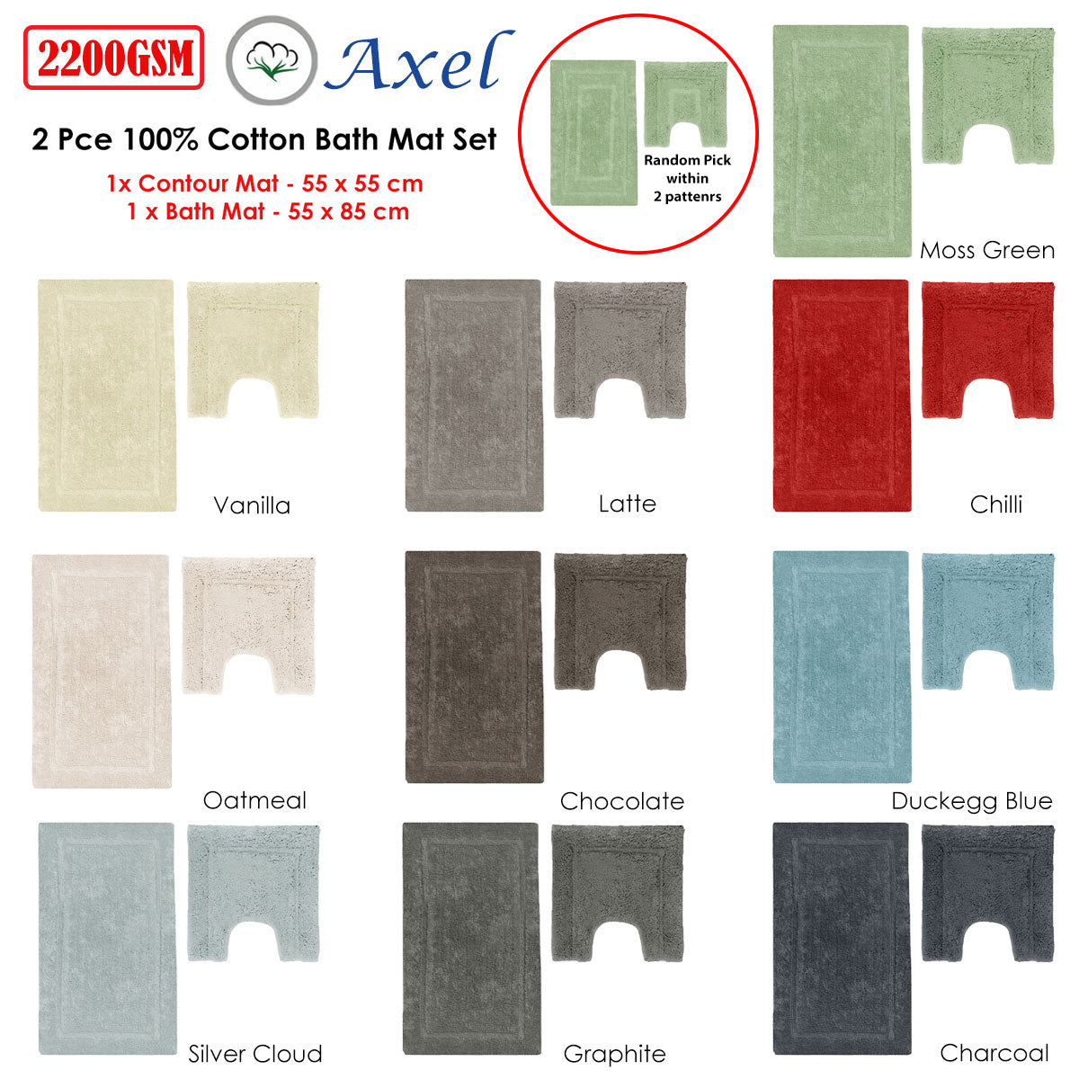 Premium Axel Cotton Bath Mat Set with 2200GSM Feel - Charcoal, 2 Piece