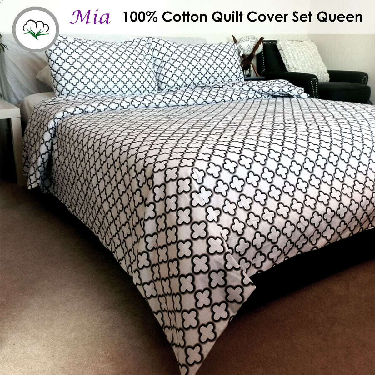 Mia White 100% Cotton Quilt Cover Set Queen - Quatrefoil Print, 180TC - SuperSaverAU - view 2