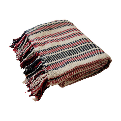 Stella 100% Cotton Knitted Throw Rug 125 x 150 cm - Natural Red, Striped Design - SuperSaverAU - view 1