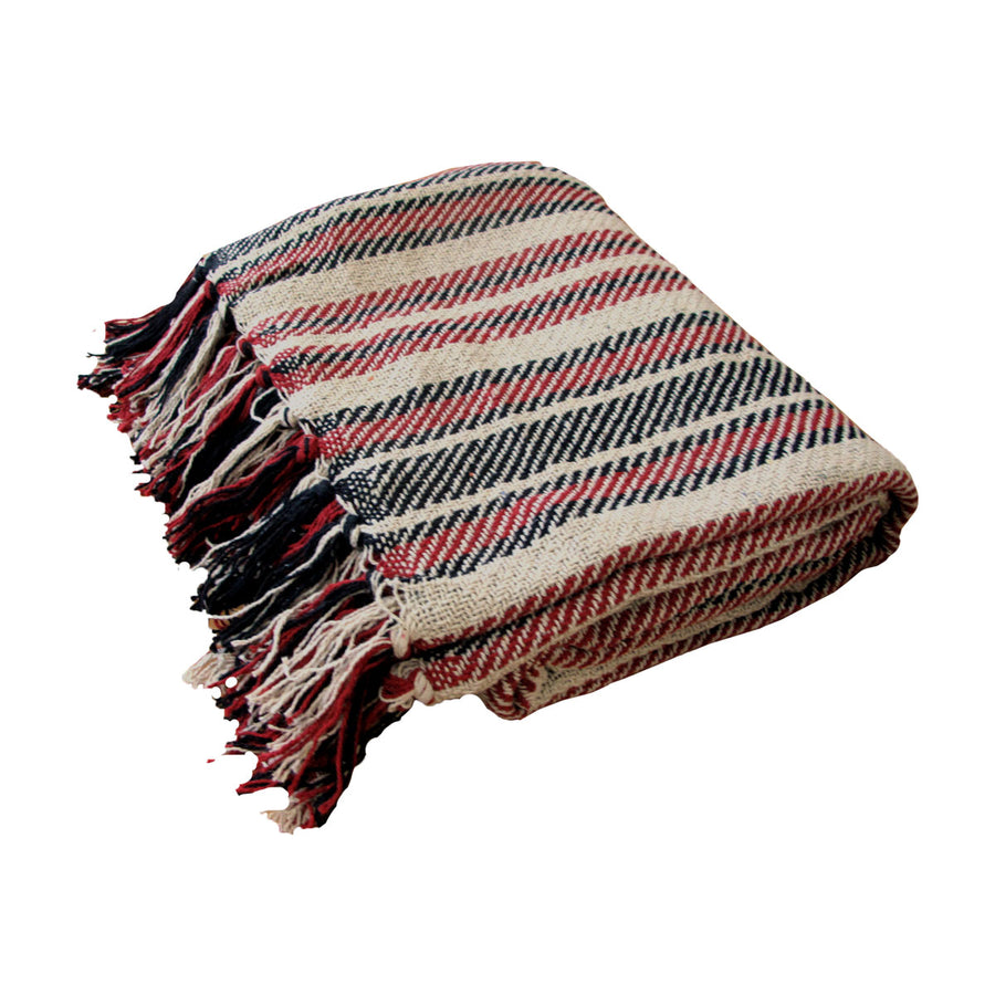 Stella 100% Cotton Knitted Throw Rug 125 x 150 cm - Natural Red, Striped Design - SuperSaverAU - view 1