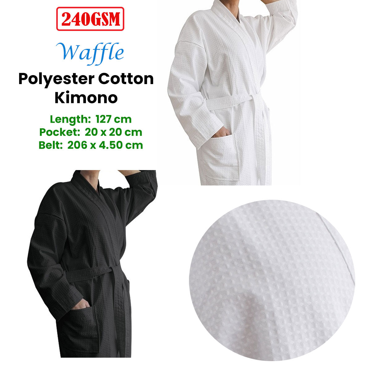 Jason Waffle Polyester Cotton Kimono 240GSM One Size Fit Most - White - SuperSaverAU - view 3