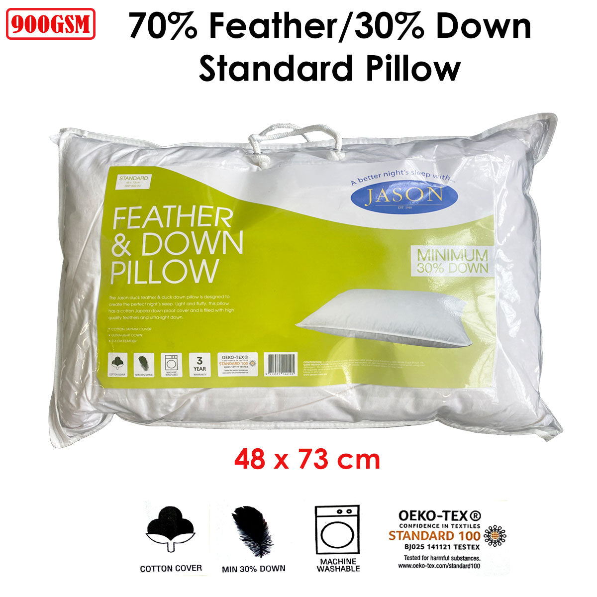 Jason Feather & Down Standard Pillow with Cotton Japara Cover - 48 x 73cm