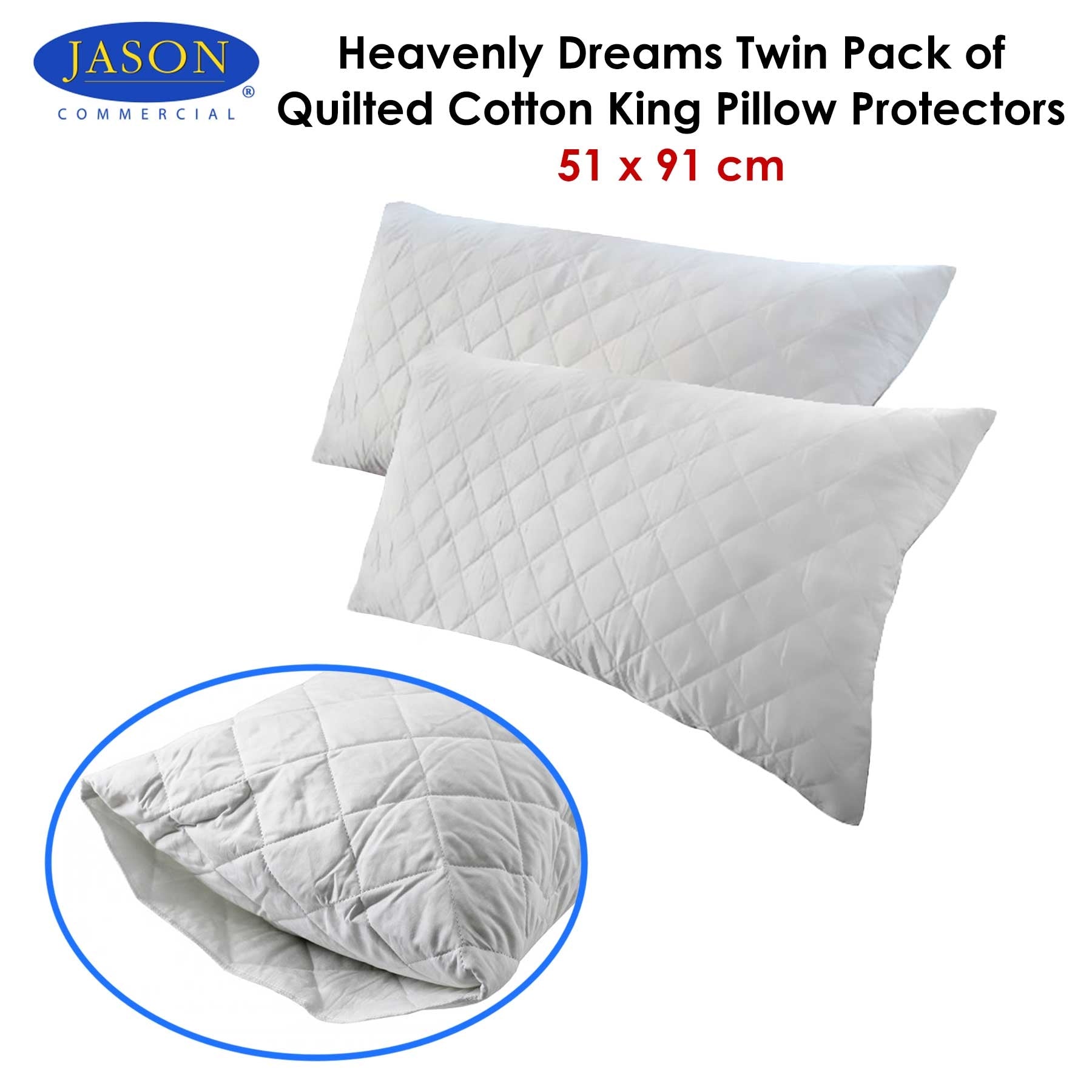 Jason Quilted Cotton King Pillow Protectors Twin Pack 51 x 91 cm - Dust Mite & Stain Resistant - SuperSaverAU - view 2