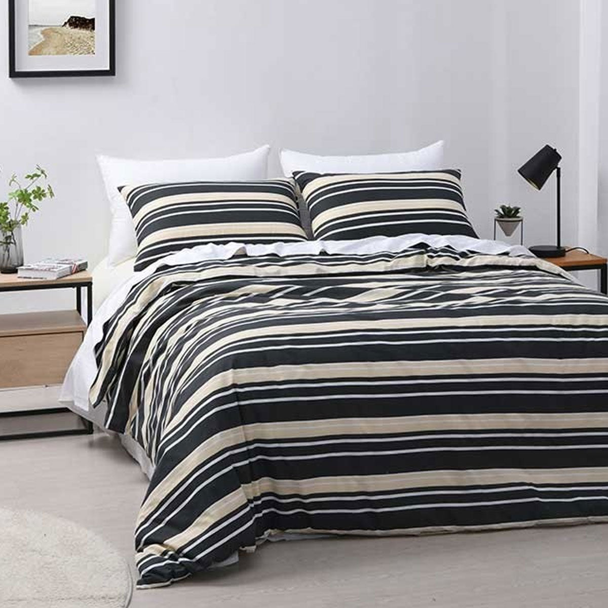 Jason Brighton Charcoal Quilt Cover Set Queen - Stripes Print, 50% Cotton/Polyester - SuperSaverAU - view 2