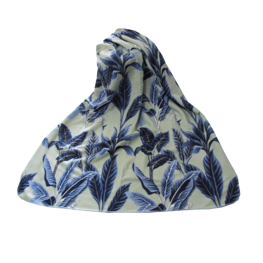 Premium Polar Fleece Throw Rug with Banana Leaves Print - Sage, 120 x 150cm