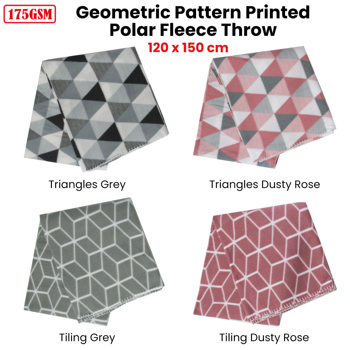 Premium Polar Fleece Throw Rug with Triangle Geometric Print - Dusty Rose, 120 x 150cm