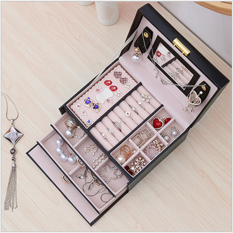 Jewelry Box Organizer with Mirror, 3 Layers, 2 Drawers, Lock, 18.5x15.5x12.5cm - SuperSaverAU - view 1