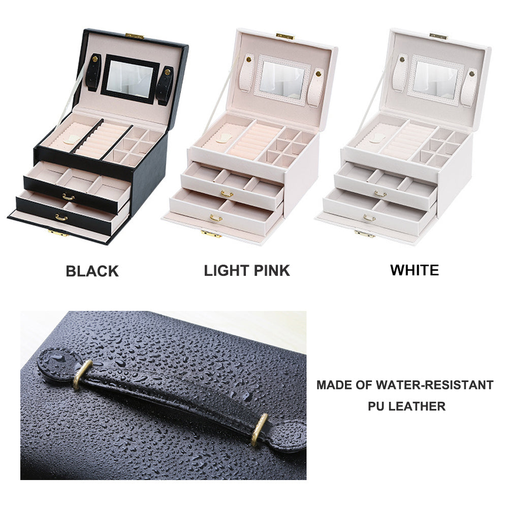 Jewelry Box Organizer with Mirror, 3 Layers, 2 Drawers, Lock, 18.5x15.5x12.5cm