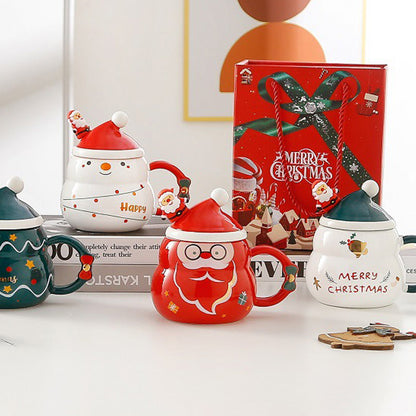 Christmas Ceramic Mug Set 480ml with Lid & Spoon - Tree Design, Gift Box