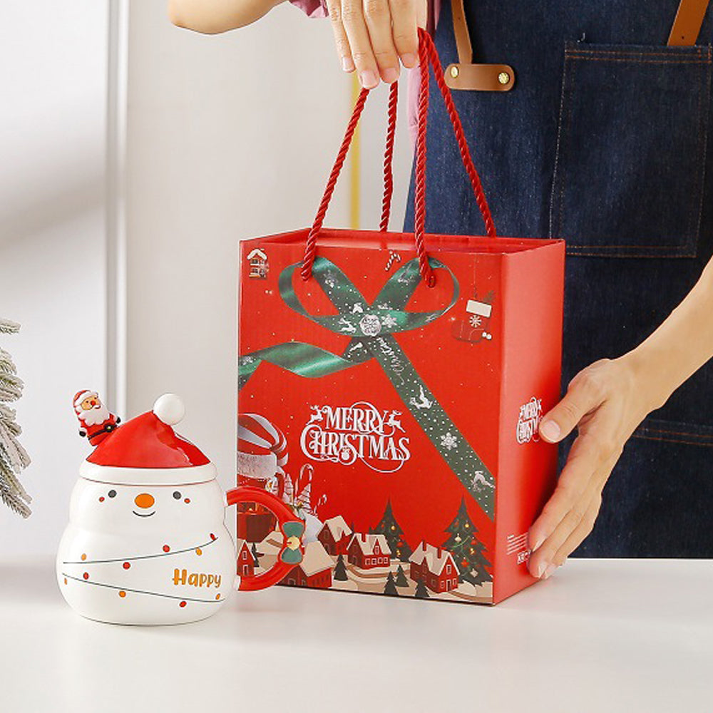 Christmas Ceramic Mug Set 480ml with Lid & Spoon - Tree Design, Gift Box