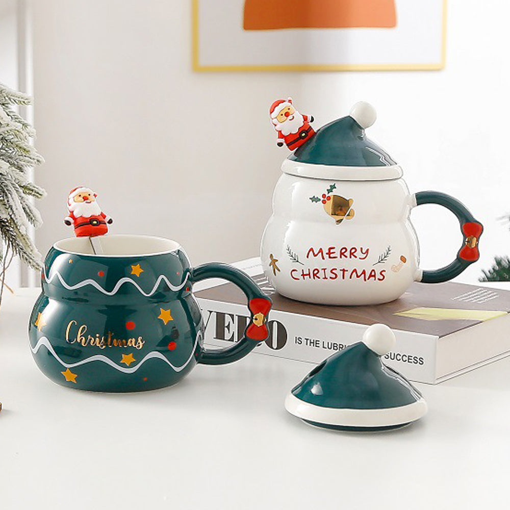 Christmas Ceramic Mug Set 480ml with Lid & Spoon - Tree Design, Gift Box