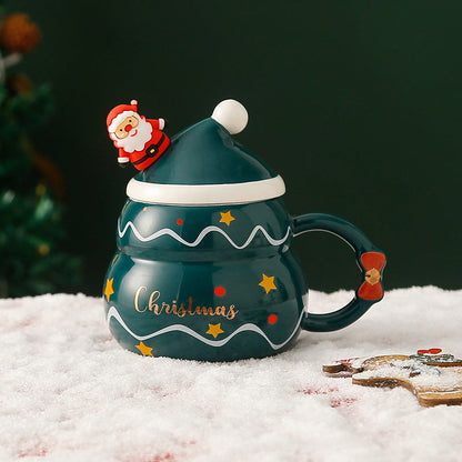 Christmas Ceramic Mug Set 480ml with Lid & Spoon - Tree Design, Gift Box