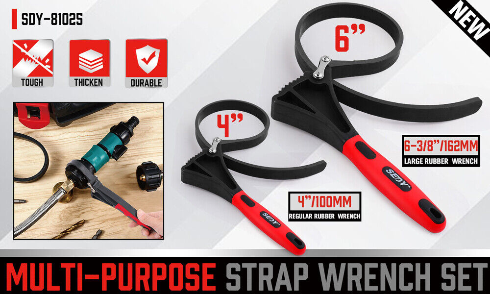 V465-81025 2x Rubber Strap Wrench 4in & 6in, Anti-Slip, Durable for Pipes - SuperSaverAU - view 1