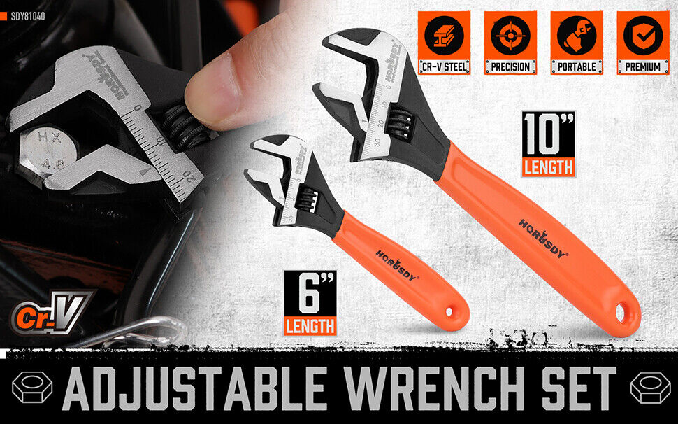 2x Adjustable Wrench Set 6" 10" Cr-V Steel, Smooth Jaw Adjustment, Comfortable Grip