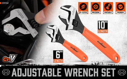 2x Adjustable Wrench Set 6" 10" Cr-V Steel, Smooth Jaw Adjustment, Comfortable Grip
