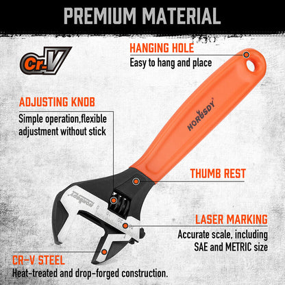 2x Adjustable Wrench Set 6" 10" Cr-V Steel, Smooth Jaw Adjustment, Comfortable Grip