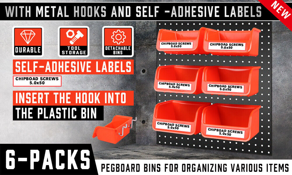 Premium 6 Pack Pegboard Storage Bins with Steel Hooks