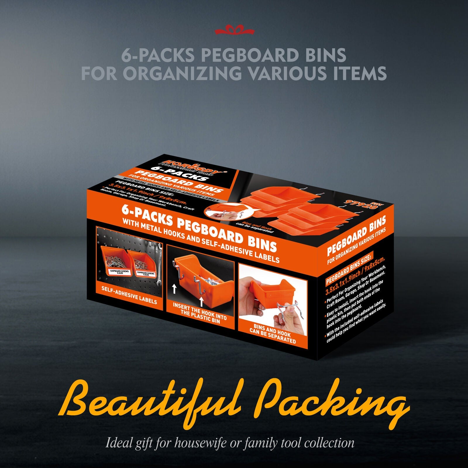 Premium 6 Pack Pegboard Storage Bins with Steel Hooks