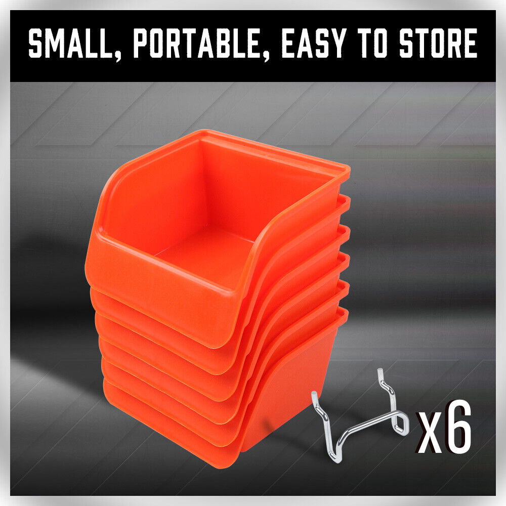 Premium 6 Pack Pegboard Storage Bins with Steel Hooks