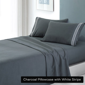 Microfibre Embroidered Stripe Sheet Set King Single Charcoal White