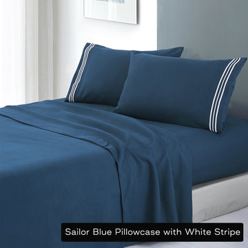 V517 Microfibre King Single Sheet Set - Sailor Blue with Embroidered Stripe