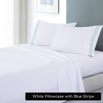 V517 Microfibre Embroidered Stripe Sheet Set Single White with Blue Stripe