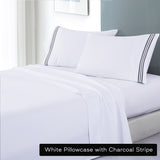 V517 Microfibre Embroidered Stripe Sheet Set Single White Charcoal 1 Pillowcase