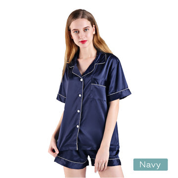 Premium 2pc Satin Short Women Pajamas Set Large Navy Soft Relaxed Fit